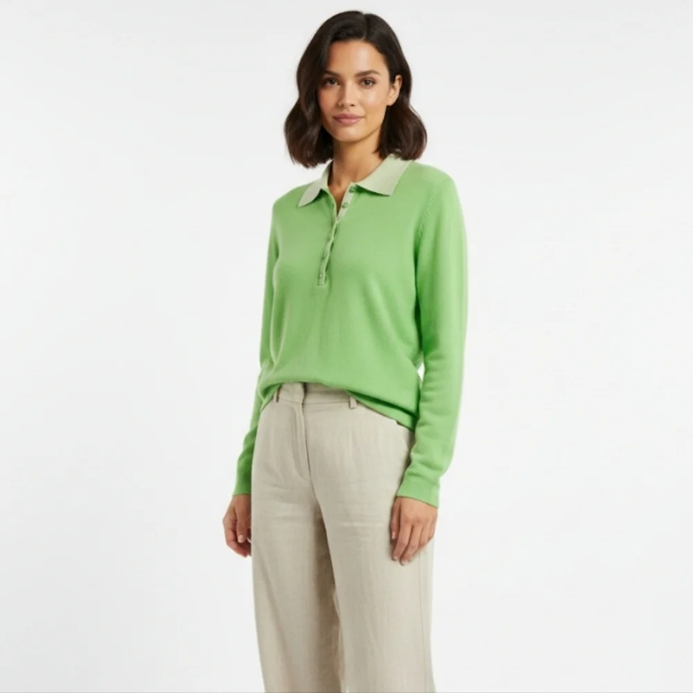 Jones New York Signature 100% Cashmere Lime Green Polo Sweater Large